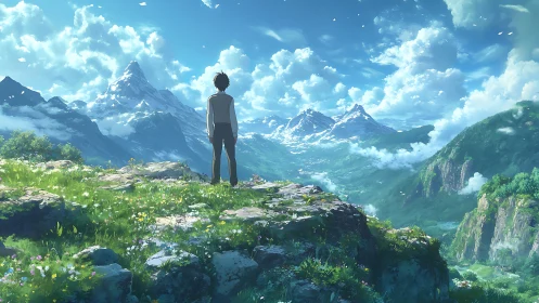 Quiet mountain morning with a hopeful wanderer gazing out.