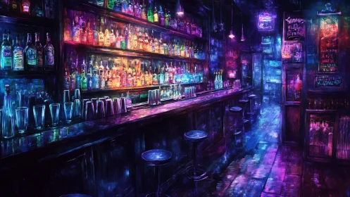Neon city bar glows with colorful bottles and quiet charm