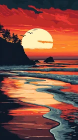 Crimson coastal sunset with silhouetted cliffs and surf reflections.