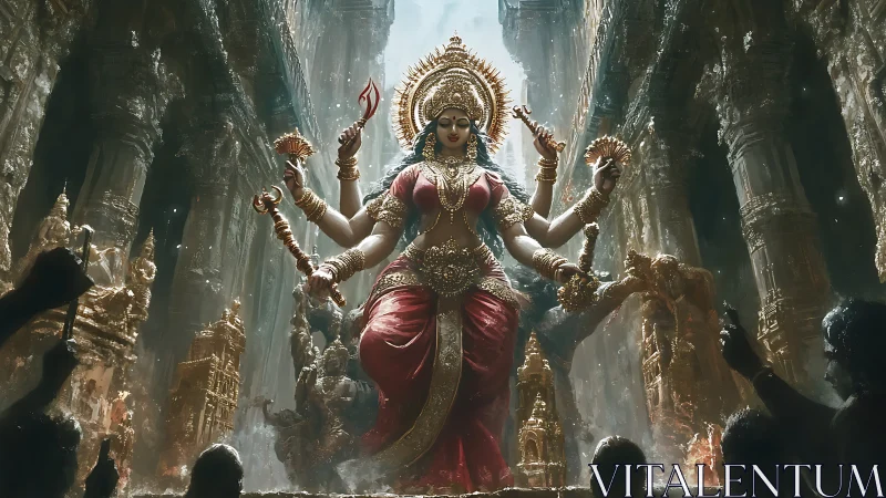 Radiant goddess emerges in a golden temple of devotion.