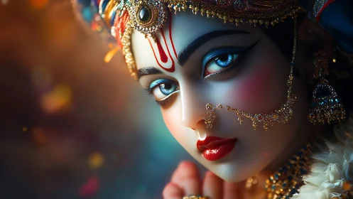 Glimmering gaze of a jeweled goddess in soft twilight.
