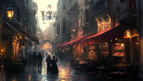 Rain-slicked European alleyway with warm storefront bokeh lighting