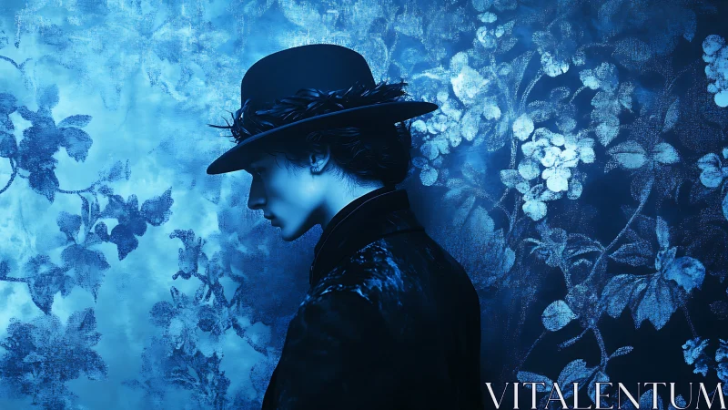 Side profile portrait of man in hat against blue florals.