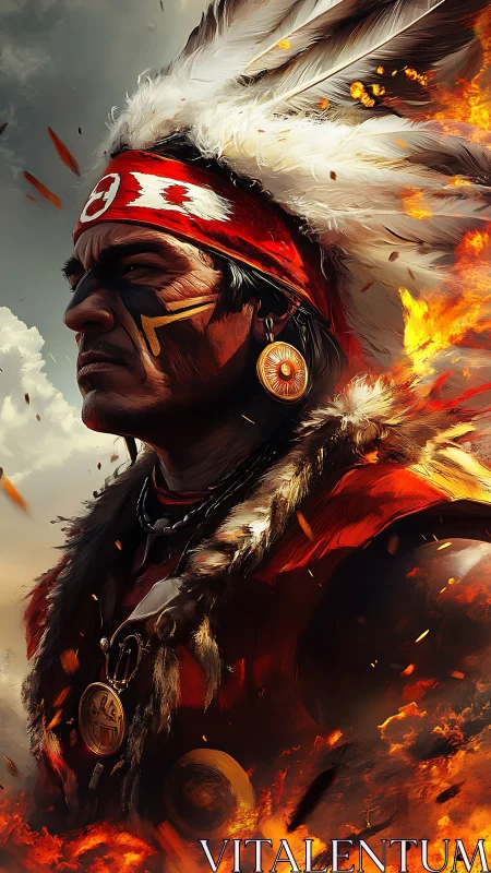 Warrior chief portrait framed by firelit feathers.