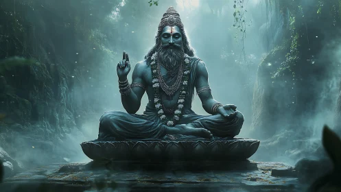 Forest-sculpted sage in mistlit meditation, stone-breath stillness.