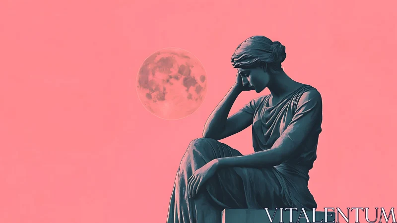 Pensive marble statue contemplates full moon on pink sky