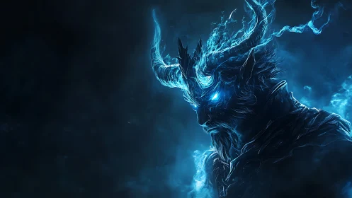 Mystic horned guardian glowing with otherworldly blue light.