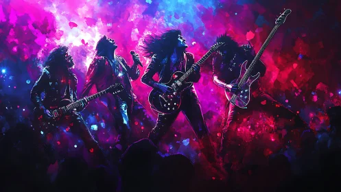 Electric rock band onstage in neon magenta and cyan haze