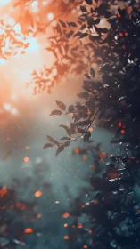 Cinematic bokeh-lit foliage in vertical dusk composition.