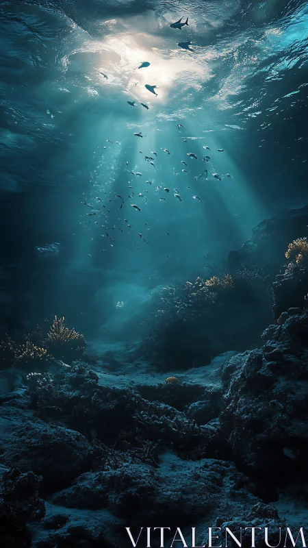 Sunlit underwater canyon where gentle fish drift in peace.