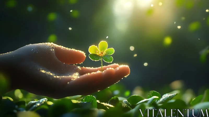 Gentle hands cradle a glowing clover in soft morning light