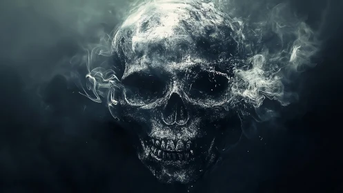 Smoldering skull spirit rising from midnight vaporous abyss.