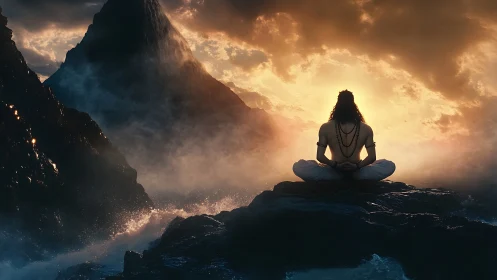 Backlit yogic silhouette meditates on wet rocks amid storm surf
