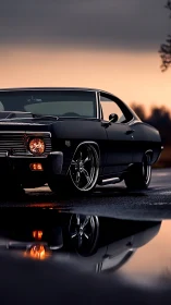 Classic muscle car reflects in wet asphalt under dusk sky