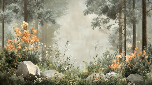 Misty Forest Landscape with Orange Flowers and Moss-Covered Boulders