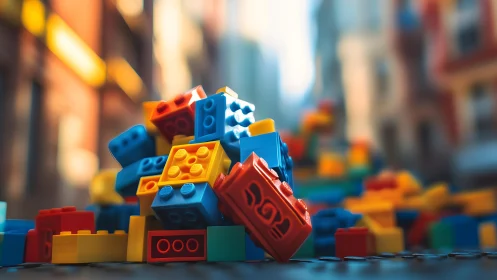 Colorful plastic toy bricks stacked on blurred city street.