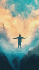 Soaring human silhouette welcomes a radiant, crashing seascape