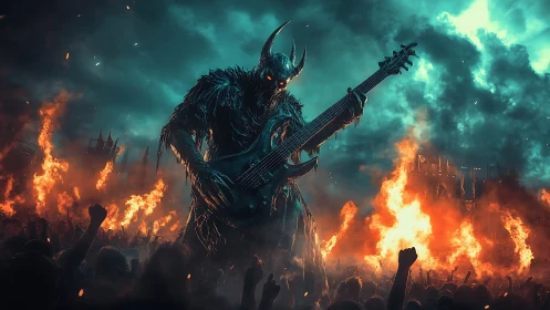 Demonic metal guitarist towers over fiery, ecstatic crowd.