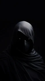 Hooded masked figure in low-key lighting against black background.