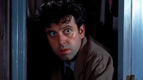 Photorealistic close-up of shocked man in doorway frame.