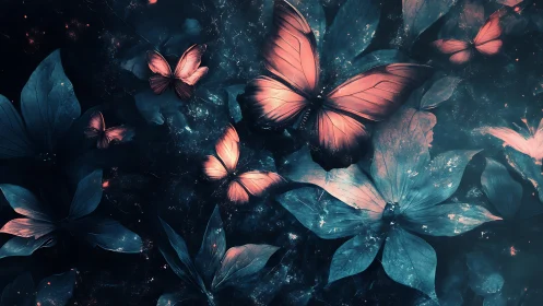 Butterflies move over stylized blue foliage in digital rendering