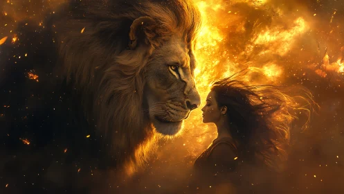 Lion spirit beside woman in blazing cosmic firestorm.