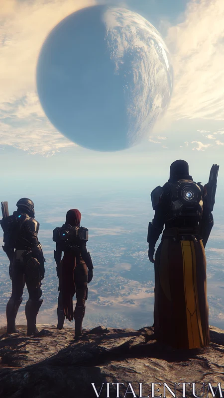 Guardians gather at the cliff, watching a silent sky giant.