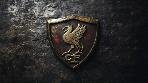 Metallic heraldic crest with phoenix emblem on dark shield.