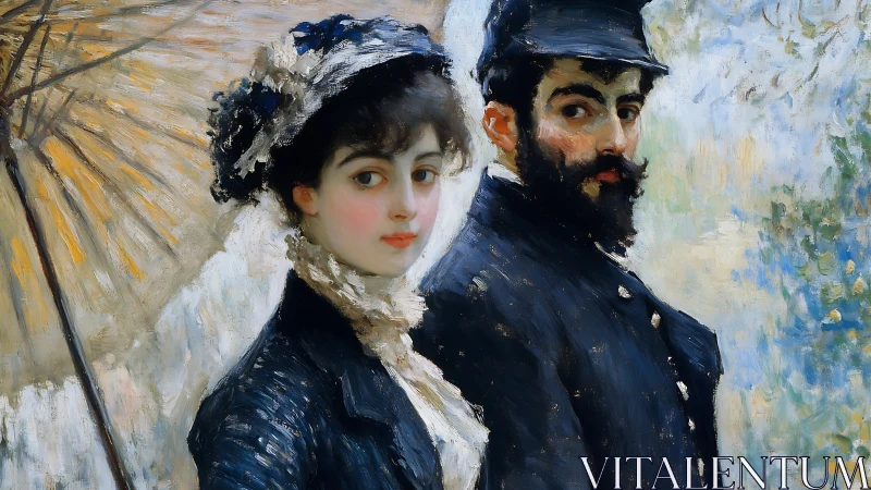 Elegant couple strolls under parasol in luminous garden.