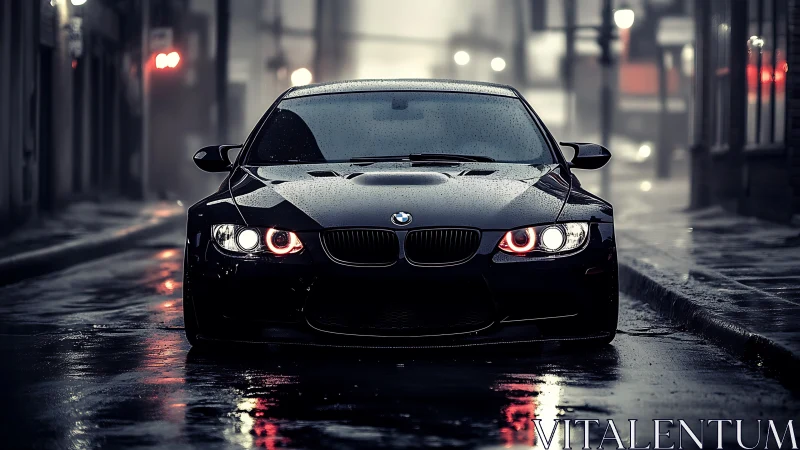 Midnight street predator with neon eyes stalking rainy asphalt.