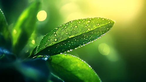Single green leaf with water droplets under strong backlight