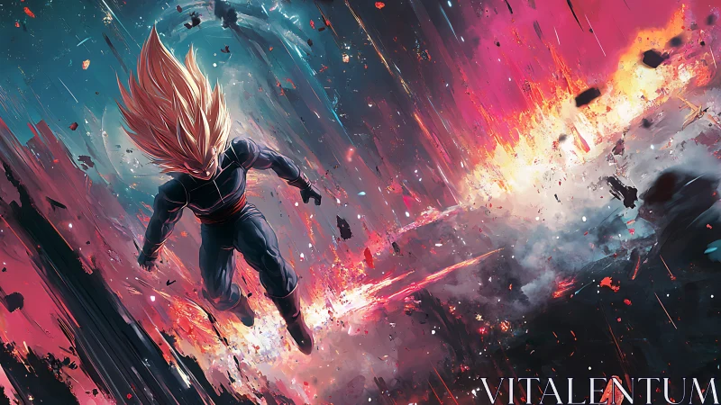 Celestial warrior dives through blazing cosmic impact field.