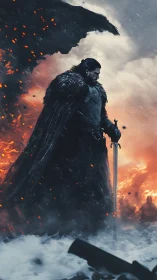 Armored warrior faces dragon amid falling embers and snow.