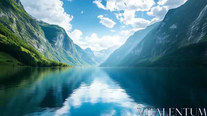 Glacial fjord landscape with reflective alpine water symmetry.