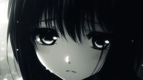 Monochrome close-up of melancholic anime girl portrait
