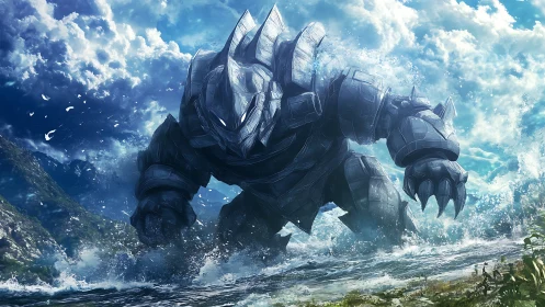 Armored sea colossus strides through storm-lashed shoreline