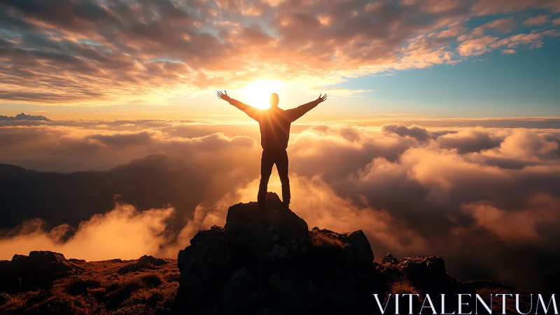 Silhouette on mountain peak against layered cloud sunset sky.
