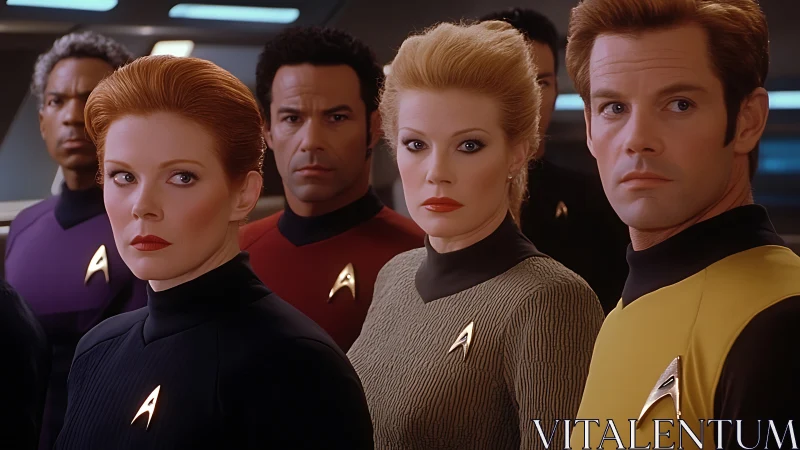 Crew members stand united on a futuristic starship bridge