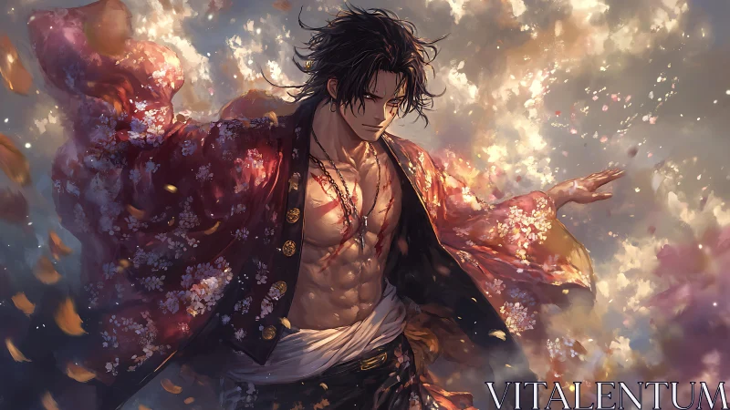 Storm-kissed warrior drifts in swirling petals and soft light