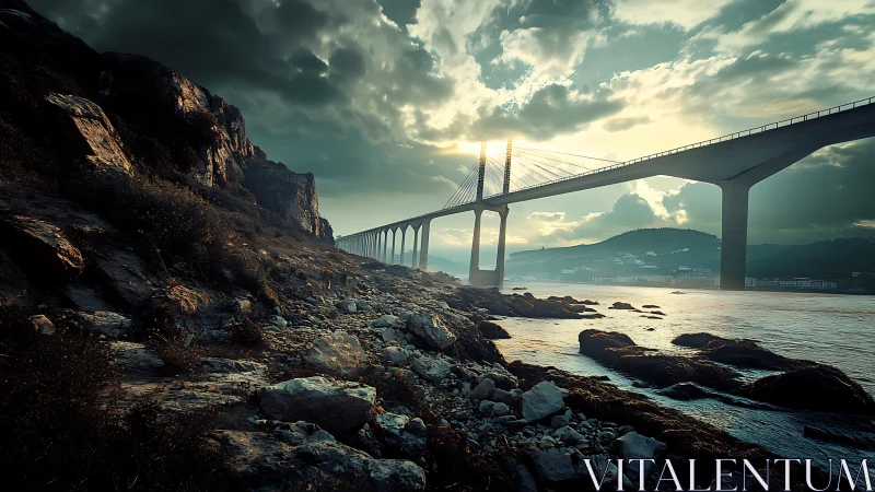 Coastal suspension bridge spans storm-lit rocky shoreline.