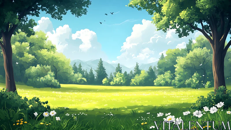 Sunlit pastoral landscape with meadow, trees, and distant mountains