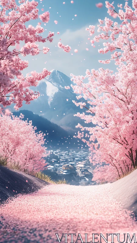 Cherry trees and mountain peak form a structured landscape view