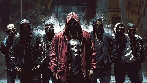 Hooded masked group stands in dimly lit urban alleyway