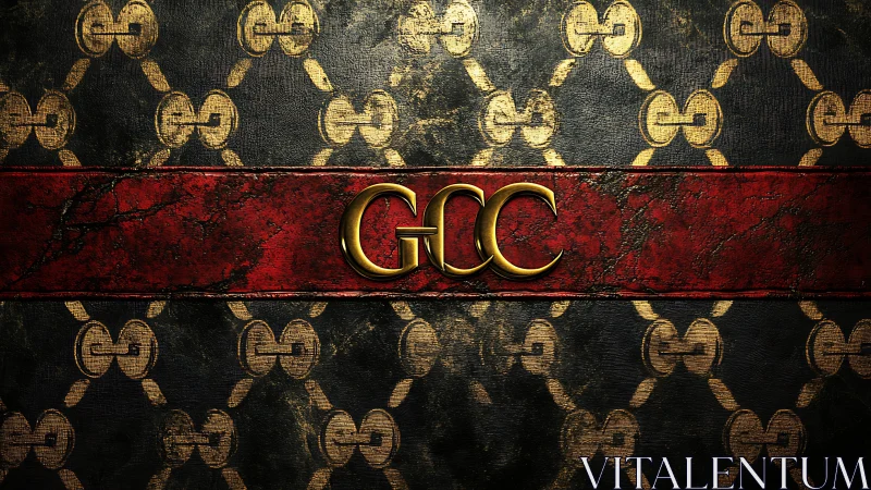 Gold GCC monogram on distressed red and black leather pattern.