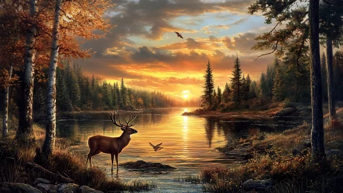 Gentle stag at a glowing forest lake sunset dreamscape.