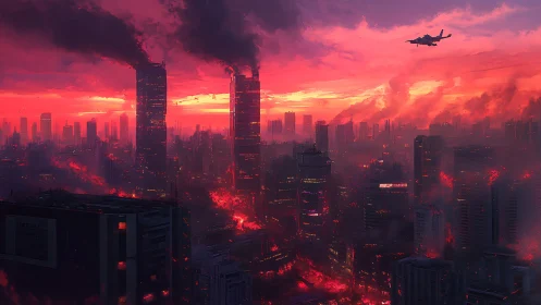 Flaming towers exhale dusk smoke across a wounded megacity