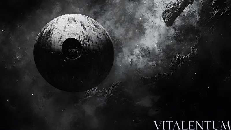 Spherical battle station drifts through fragmented cosmic debris