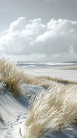 Coastal sand dunes with windswept marram grass under stratocumulus clouds