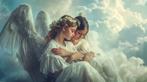 Two winged female figures sit closely within dense clouds