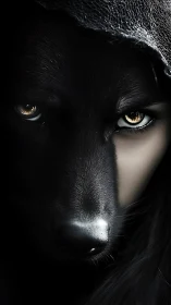 Human and wolf merge in a shadowed, hypnotic portrait